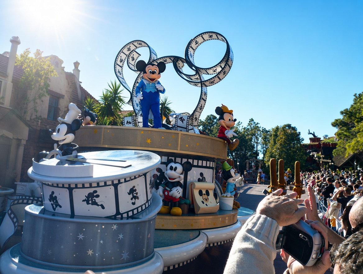 Carro alegórico da Disney Dreams Come True Parade com escultura do Mickey em terno de gala azul emoldurada por rolos de filme prateados