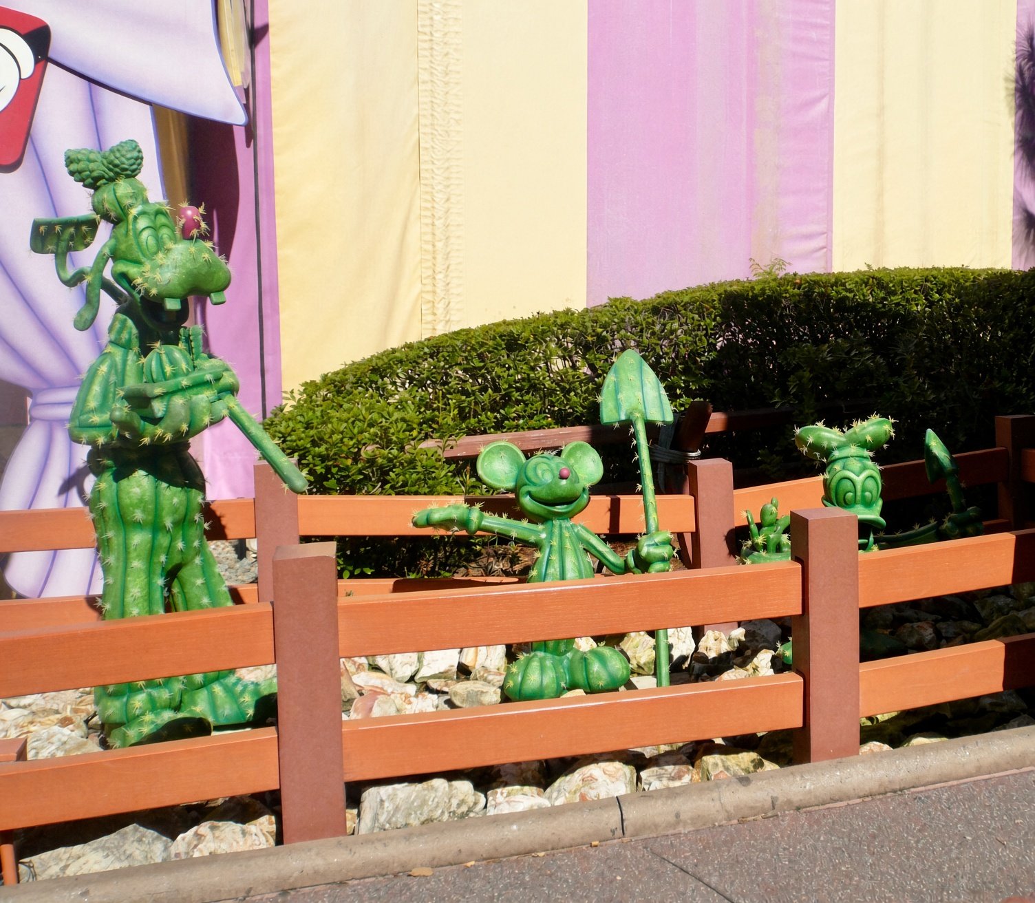 Esculturas de cactos verdes moldadas nas silhuetas do Mickey, Pateta e Donald na Mickey's Toontown Fair