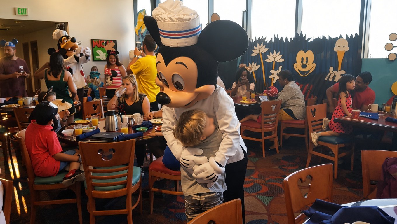 Mickey Mouse abraçando uma criança durante a refeição no Chef Mickey's