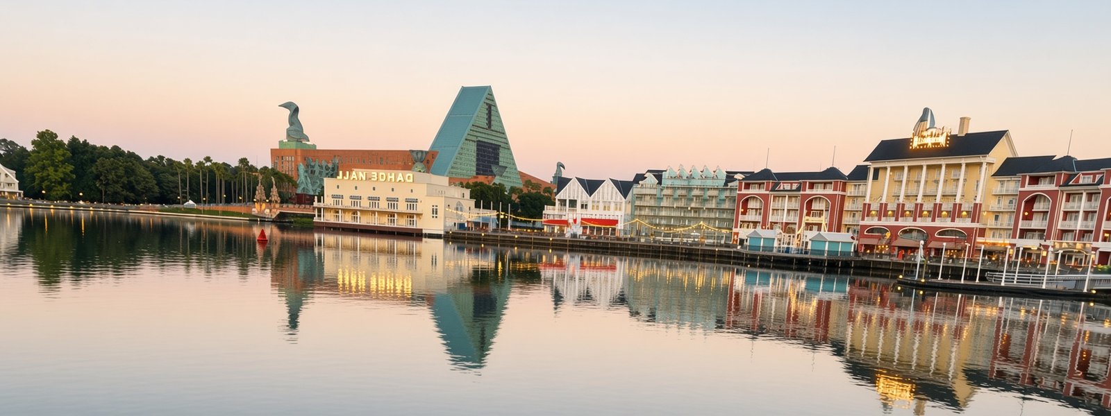 Calçadão e edifícios coloridos do Disney's BoardWalk Resort