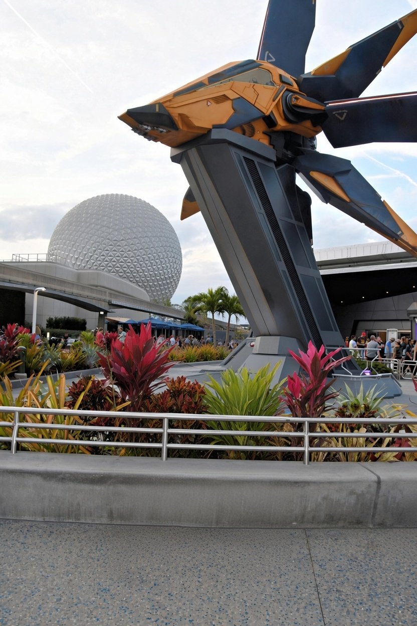 Nave dos Guardiões da Galáxia em frente ao Spaceship Earth no EPCOT