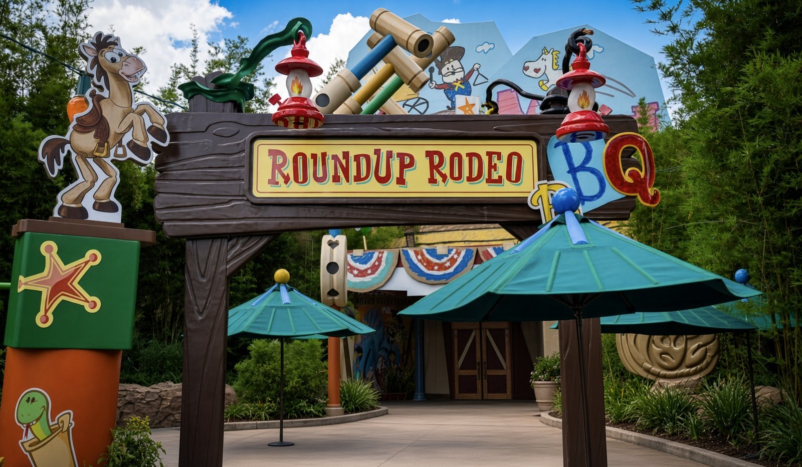 Entrada do Roundup Rodeo BBQ na Toy Story Land do Hollywood Studios.