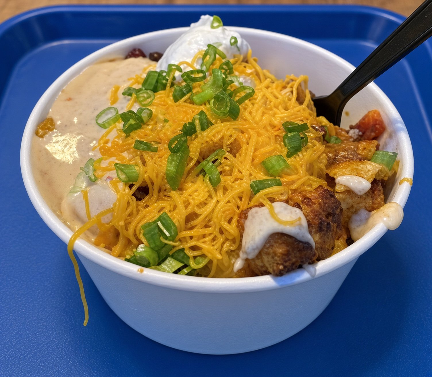 Prato Totchos do Woody's Lunch Box no Hollywood Studios, tater tots cobertos com chili, queijo derretido, sour cream, cebolinha e Fritos