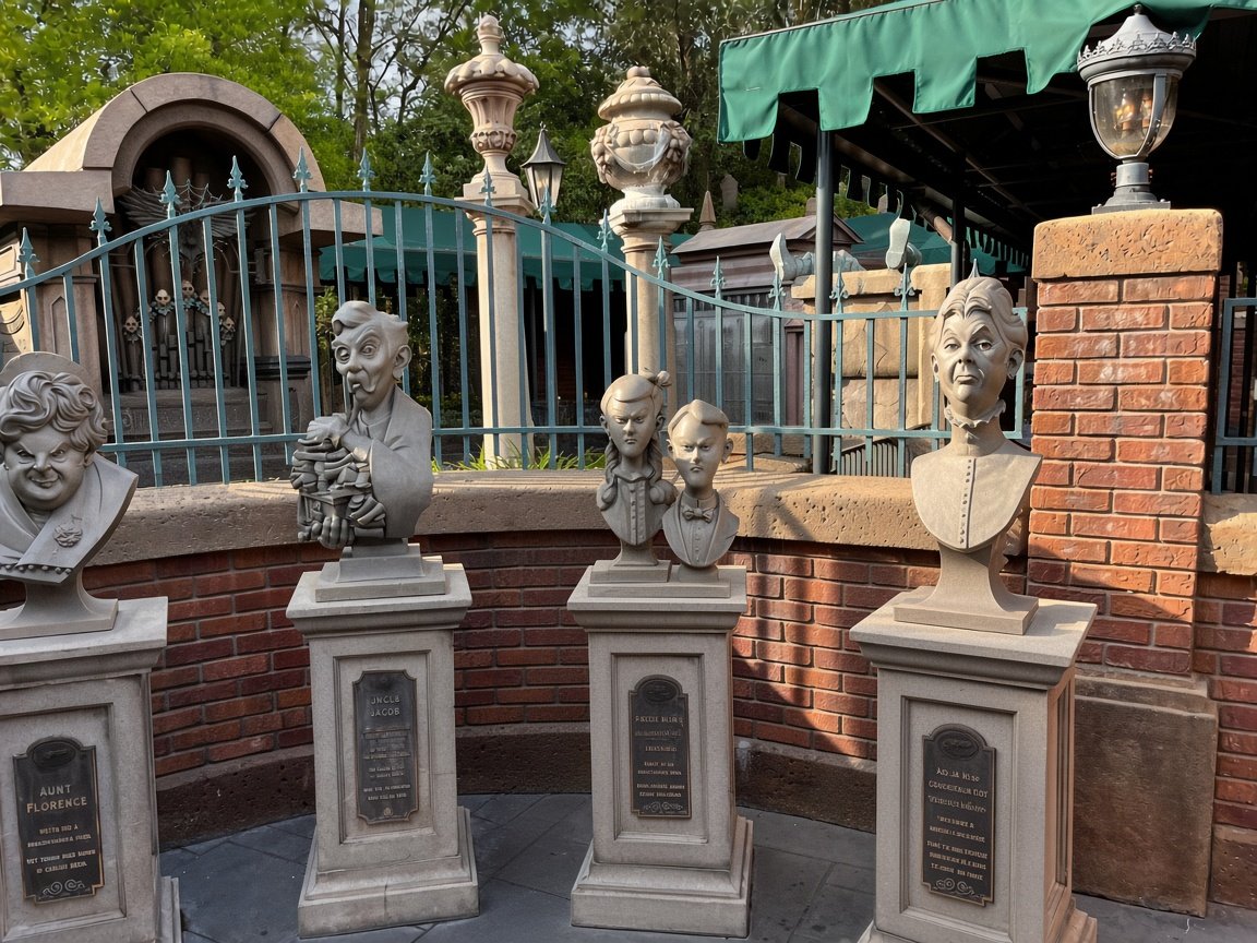 Bustos com expressões diferentes na fila da Haunted Mansion no Magic Kingdom
