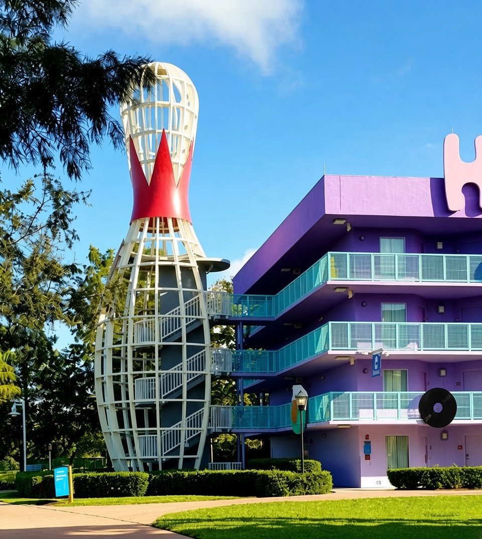 Escultura gigante de bowling pin no Disney's Pop Century Resort, hotel Disney categoria Value com Skyliner